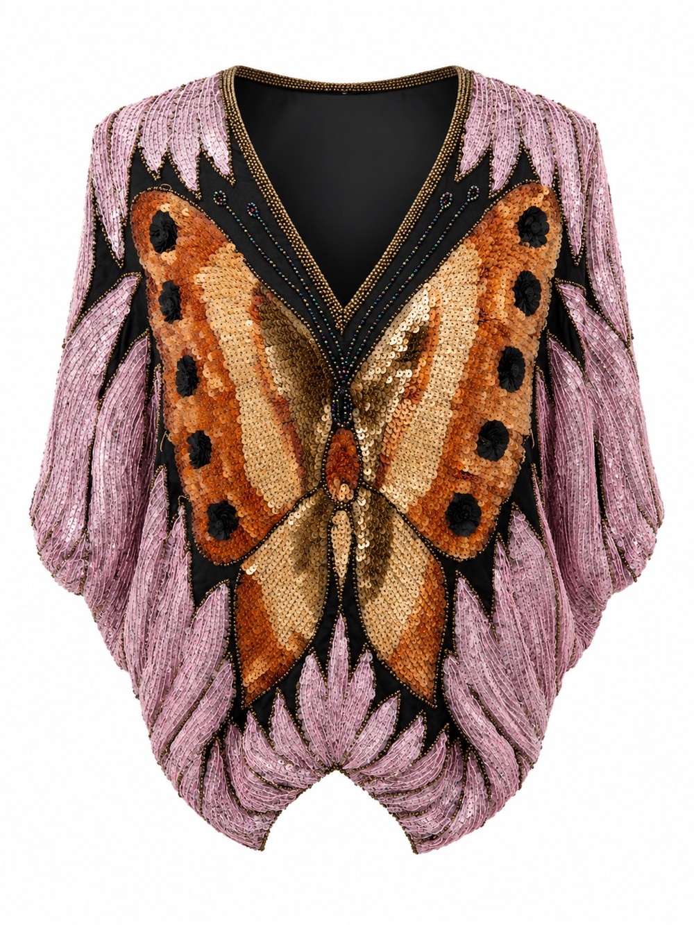 Vintage 100% Silk Hand Beaded Sequin Butterfly Top 70s Glam Statement - Picture 6 of 13